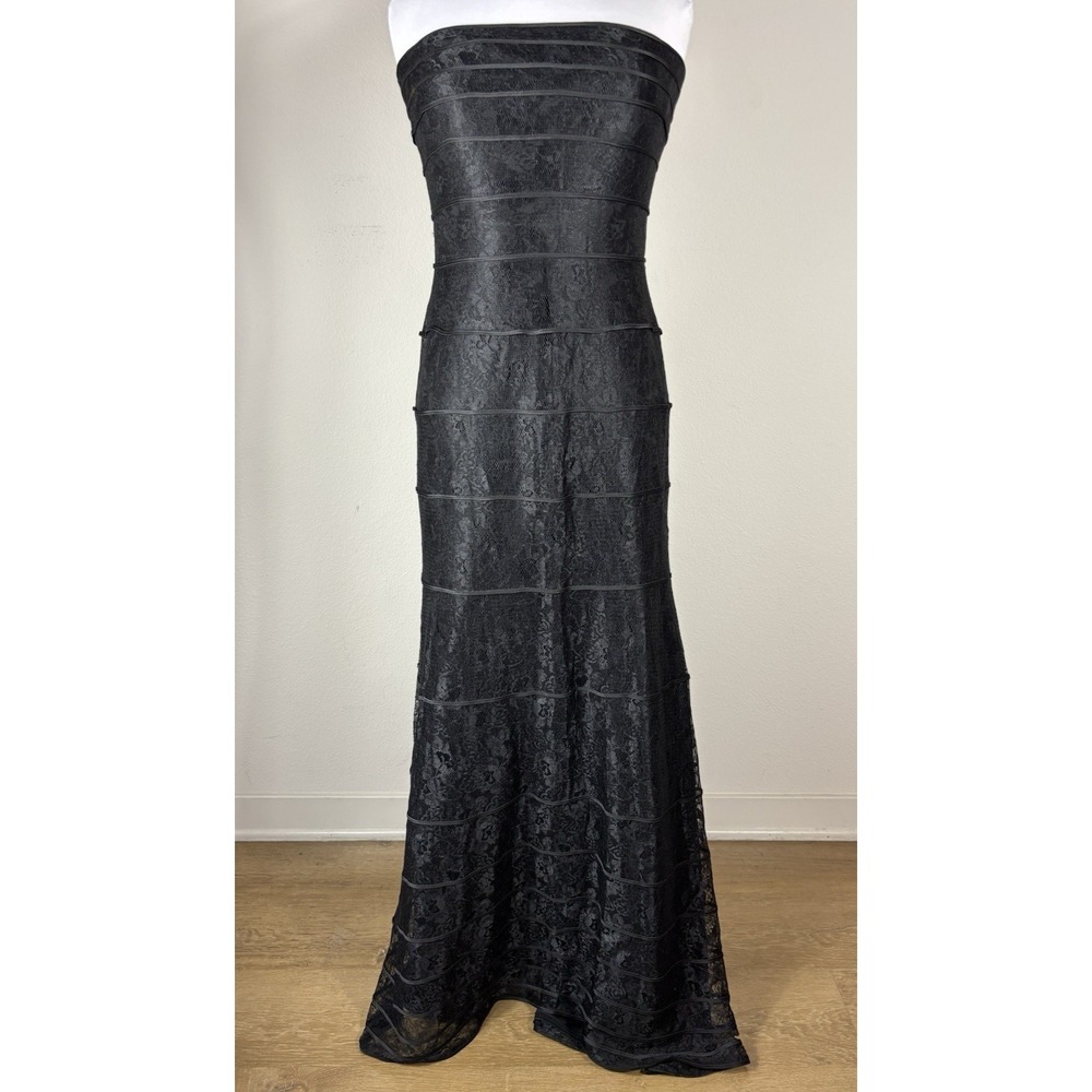 Tadashi Shoji Vintage Black Floral Lace Overlay Strapless Maxi Dress Sz 10